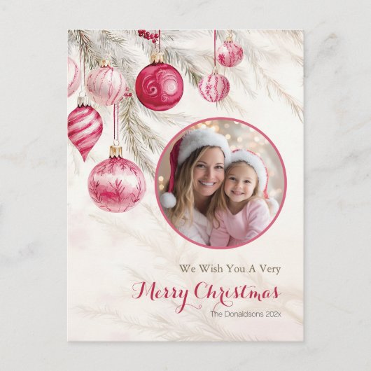 ピンクの白いヴィンテージオーナメント写真はがき シーズンポストカード (正面)