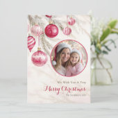 ピンクの白いヴィンテージオーナメント写真クリスマスカード シーズンカード (スタンド正面)