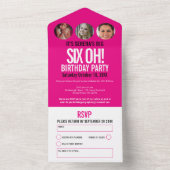 ピンクの白い写真の円60誕生日 オールインワン招待状 (内側)