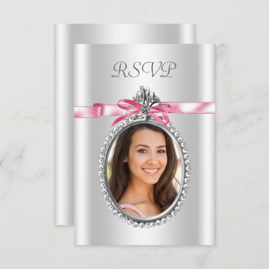 ピンクの白い写真RSVPカード 出欠カード (正面/裏面)