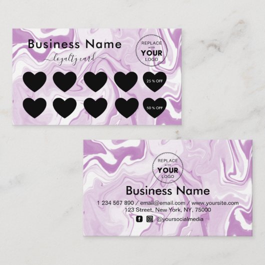 ピンクの白い大理石ロゴ追加ディスカウントミニマルガーリー ロイヤリティカード (正面/裏面)