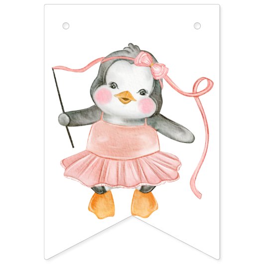 ピンクの白い女の子の赤ちゃんシャワーペンギンのバンティングフラグ バンティングフラッグ (第2の旗)