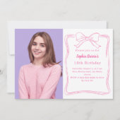 ピンクの白い手描き弓の写真ピンクの誕生日 招待状 (正面)
