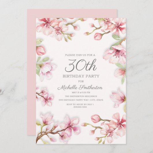 ピンクの白い春のフローラ女性の30歳の誕生日 招待状 (正面/裏面)