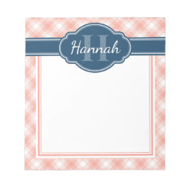 ピンクの白い格子模様ブルーモノグラム ノートパッド