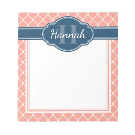 ピンクの白い格子模様ブルーモノグラム ノートパッド