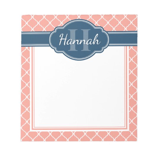 ピンクの白い格子模様ブルーモノグラム ノートパッド (正面)