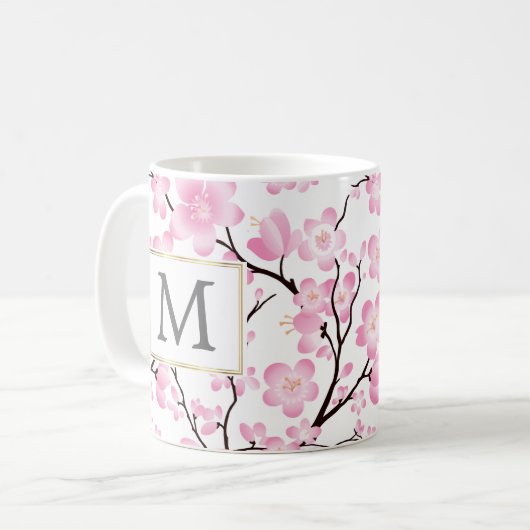 ピンクの白い桜のイニシャルのカスタマイズ可能なマグ コーヒーマグカップ (正面左)