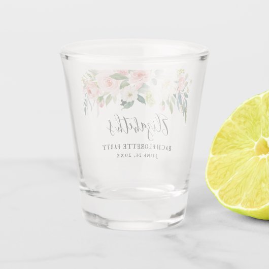 ピンクの白い水彩画の花柄のバチェロレッテ ショットグラス (裏面)