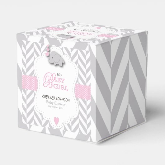 ピンクの白い灰色の象の赤ちゃんシャワー フェイバーボックス (裏面サイド)