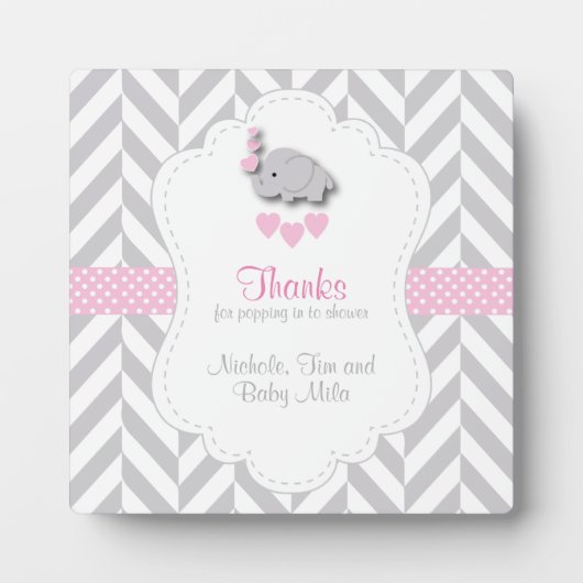 ピンクの白い灰色の象の赤ちゃんシャワー フォトプラーク (正面)
