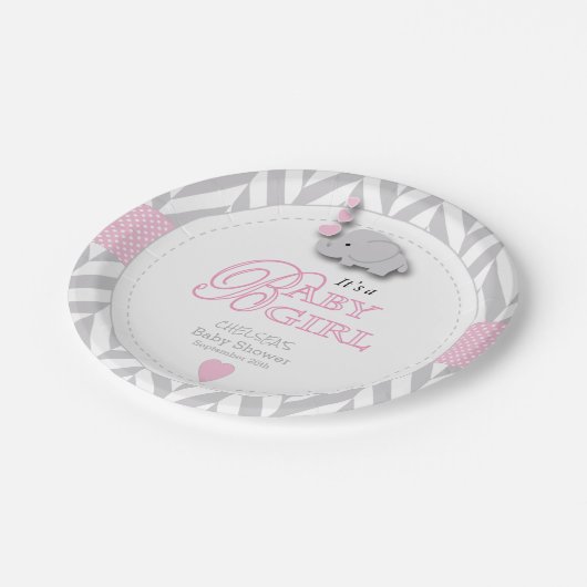 ピンクの白い灰色の象の赤ちゃんシャワー ペーパープレート (アングル)