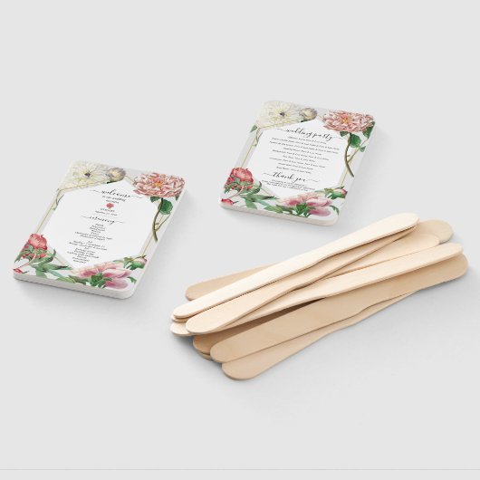 ピンクの白い牡丹の花結婚式 プログラム ハンドファン (組立なし)