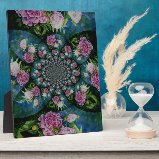 ピンクの白い牡丹フローラ水彩曼荼羅 フォトプラーク (側面)