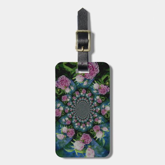 ピンクの白い牡丹フローラ水彩曼荼羅 ラゲッジタグ (正面縦)