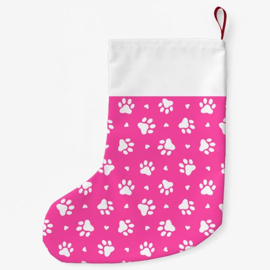 ピンクの白い犬の手とハートのパターン スモールクリスマスストッキング (裏面)