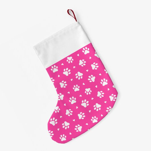 ピンクの白い犬の手とハートのパターン スモールクリスマスストッキング (裏面 (吊り時))