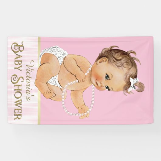 ピンクの白い真珠の女の子ベビーシャワー 横断幕 (横)