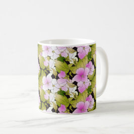 ピンクの白い緑の花柄の背景 コーヒーマグカップ
