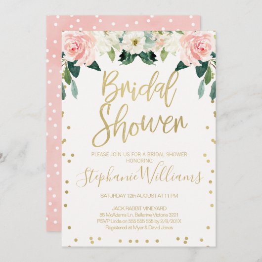 ピンクの白い花のブライダルシャワーの招待状 招待状 (正面/裏面)
