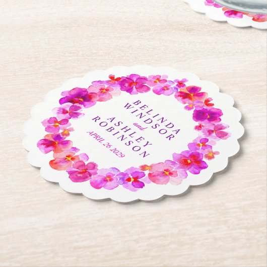 ピンクの白い花のリース水の色アートコースター ペーパーコースター (アングル)