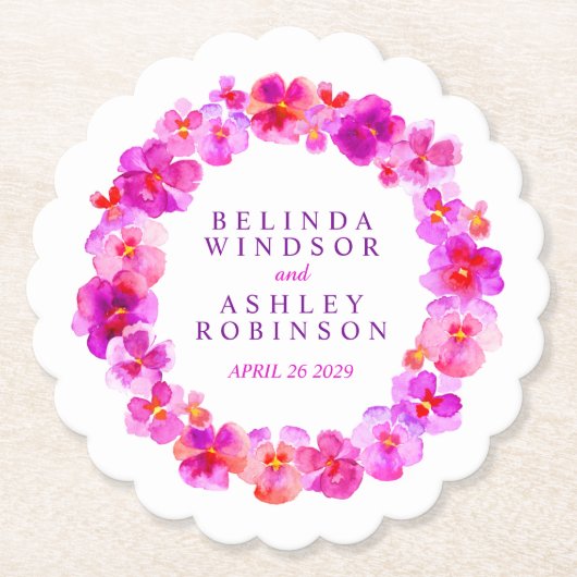 ピンクの白い花のリース水の色アートコースター ペーパーコースター (正面)