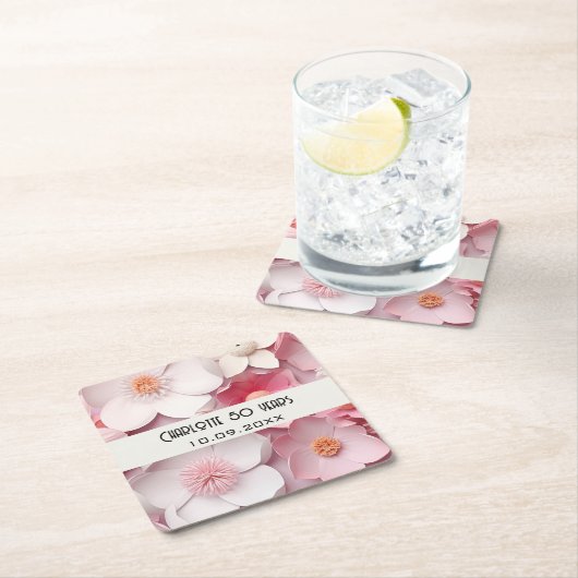 ピンクの白い花の名前の誕生日パーティー スクエアペーパーコースター (インサイチュ)