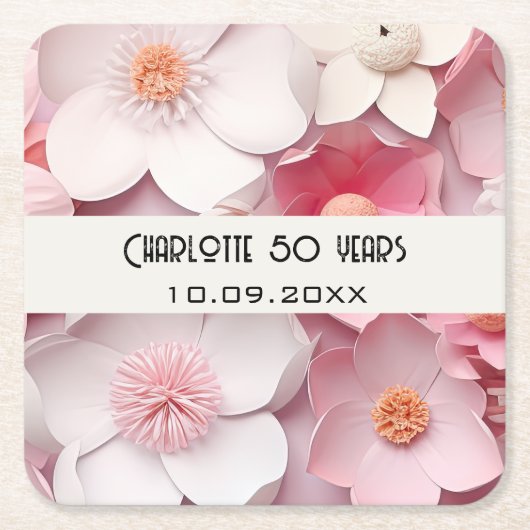 ピンクの白い花の名前の誕生日パーティー スクエアペーパーコースター (正面)