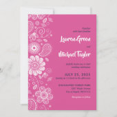 ピンクの白い花の渦巻きペイズリーパターンフローラ 招待状 (正面)