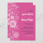 ピンクの白い花の渦巻きペイズリーパターンフローラ 招待状 (正面/裏面)