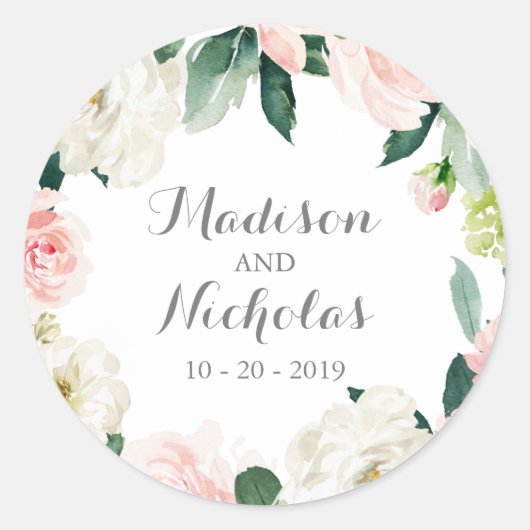 ピンクの白い花の結婚封筒用シールシール ラウンドシール (正面)