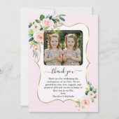 ピンクの白い花ツインガールズ写真確認 サンキューカード (正面)