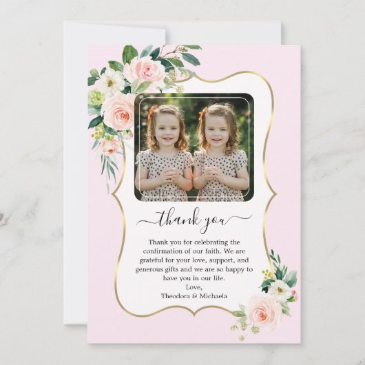 ピンクの白い花ツインガールズ写真確認 サンキューカード (正面)