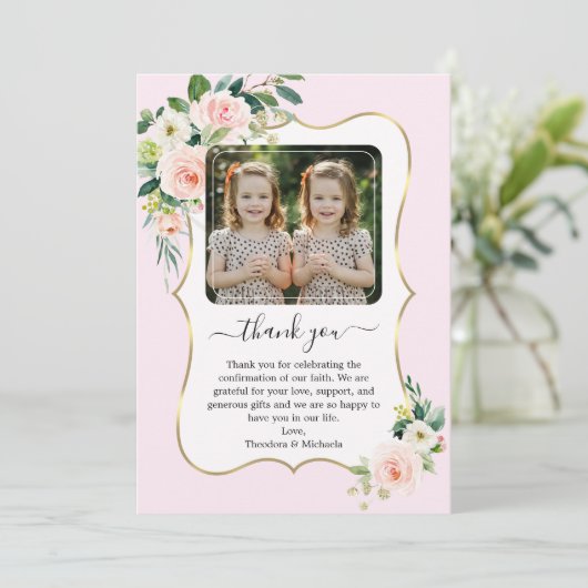 ピンクの白い花ツインガールズ写真確認 サンキューカード (スタンド正面)