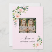 ピンクの白い花ツインガールズ写真確認 サンキューカード (裏面)