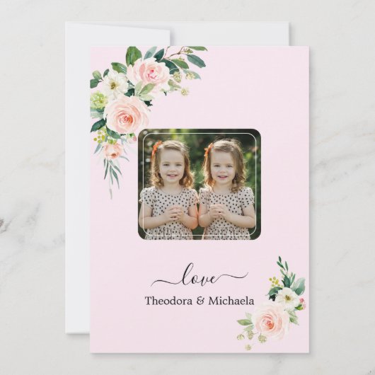 ピンクの白い花ツインガールズ写真確認 サンキューカード (裏面)