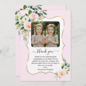 ピンクの白い花ツインガールズ写真確認 サンキューカード (正面/裏面)