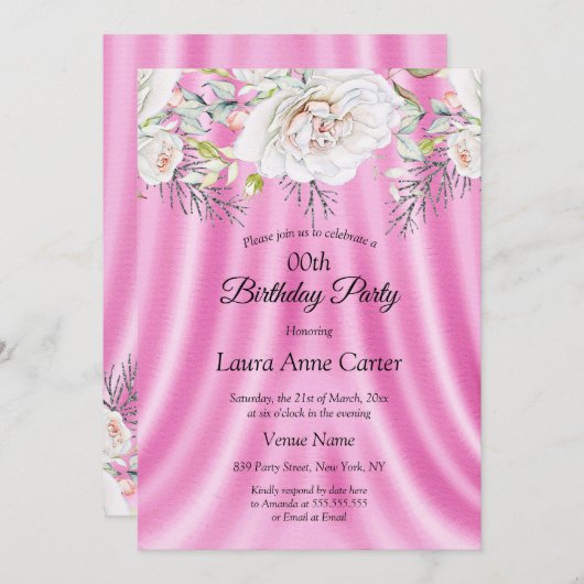 ピンクの白い花フローラ誕生日パーティー 招待状 (正面/裏面)