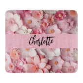 ピンクの白い花名スクリプト カッティングボード (正面)