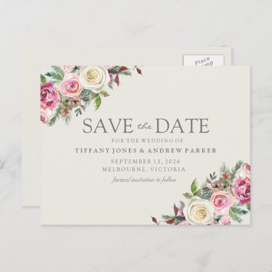 ピンクの白い花模様の日付の保存 ポストカード (正面/裏面)