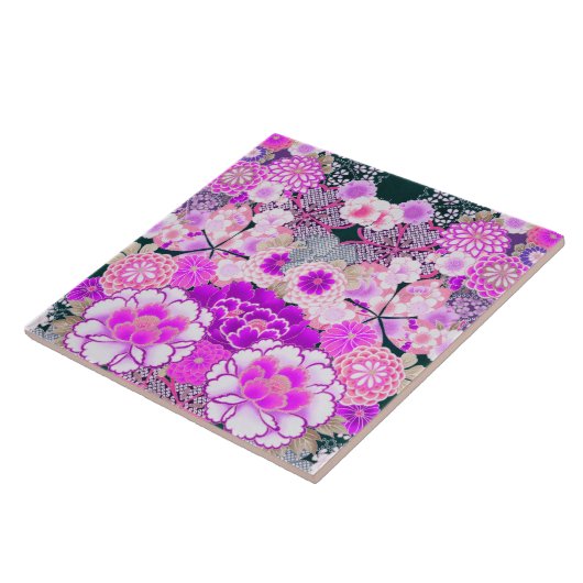 ピンクの白い花牡丹、バラ日本のフローラ タイル (側面)