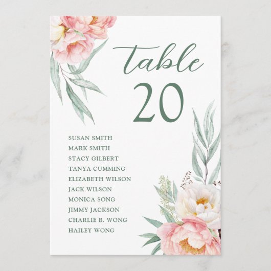 ピンクの白い花結婚の座席表カード プログラム (正面)