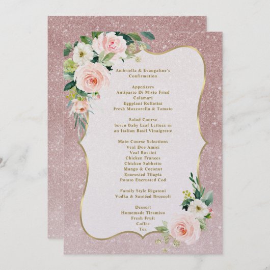 ピンクの白い花金ゴールド女の子の確認メニュー 招待状 (正面/裏面)