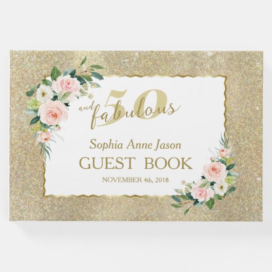 ピンクの白い花金ゴールド50と素晴らしい誕生日 ゲストブック (正面)