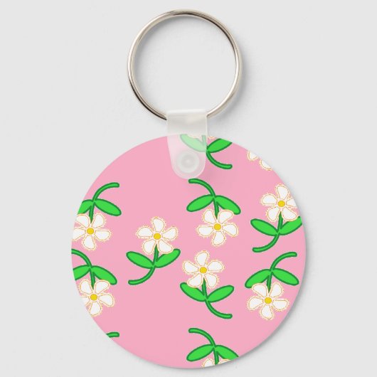 ピンクの白い花 キーホルダー (正面)