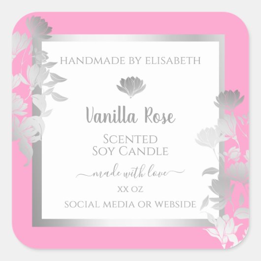 ピンクの白い製品包装ラベルシルバーフレーム スクエアシール (正面)