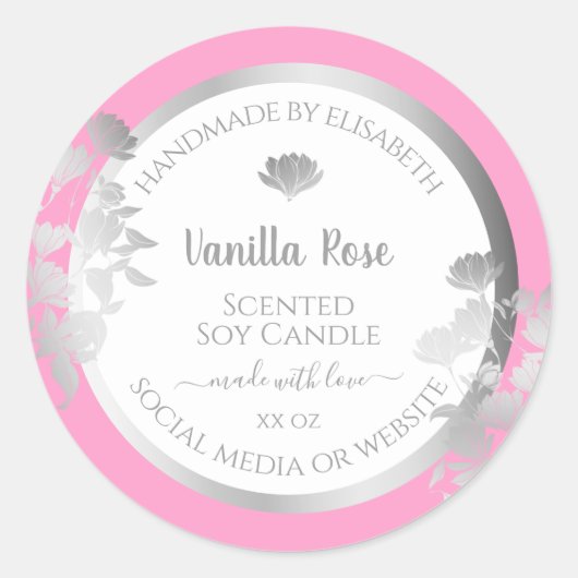 ピンクの白い製品包装ラベルシルバーフレーム ラウンドシール (正面)