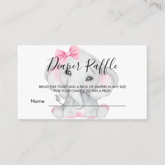 ピンクの白い象の女の子の赤ちゃんシャワーおむつラッフル エンクロージャーカード (正面)