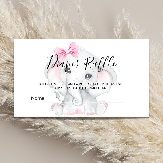 ピンクの白い象の女の子の赤ちゃんシャワーおむつラッフル エンクロージャーカード