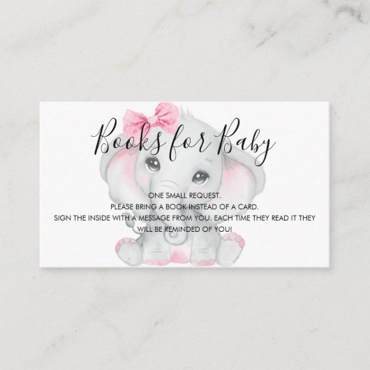 ピンクの白い象の女の子の赤ちゃんシャワー本のリクエスト エンクロージャーカード (正面)